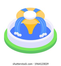 Garden water spring decor, isometric icon of fountain 
