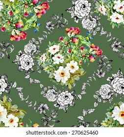 Garden watercolor floral seamless pattern on green background vector illustration