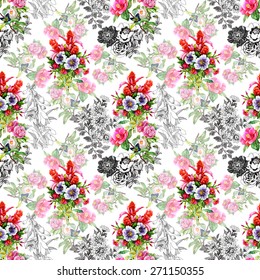 Garden watercolor floral seamless pattern on white background. Peonies, Roses, Narcissus, Tulip, Wildflowers. Vector illustration