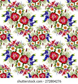 Garden watercolor floral seamless pattern on white background with summer bugs and narcissus vector illustration