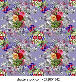 Garden watercolor floral with summer bugs and narcissus seamless pattern on purple background vector illustration