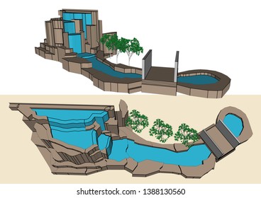 Garden waterfall Decoration Design, Vector & Illustration,