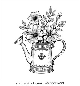 Garden watering can with a bouquet of flowers. Black and white vector illustration, coloring book.