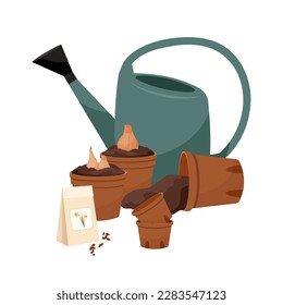 
Garden watering can with flower pots and narcissus seeds. Planting flowers. Garden. Flower bulbs and seeds.