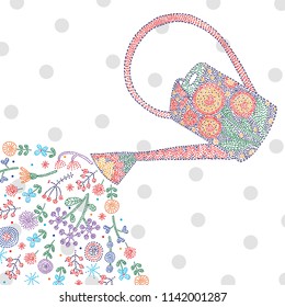 Garden watering can, flowers and polka dots. Nice summer illustration.