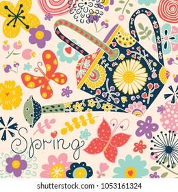 Garden watering can, flowers and spring! Nice card.