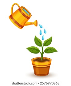 Garden watering can, green flower plant seedling growing in pot. Houseplant care. Botany herb hand water sprinkle with agriculture tool. Sprout growth in soil. Vegetable sapling cultivation. Vector