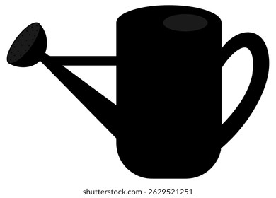 Garden watering can with handle. Silhouette. Black container with water and holes for drip irrigation of plants. Vector illustration. Isolated white background. Idea for web design.