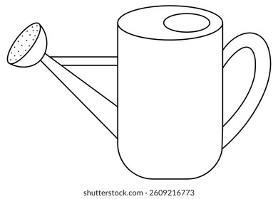 Garden watering can with handle. Sketch. Water container with holes for drip irrigation of plants. Vector illustration. Outline on isolated white background. Doodle style. Coloring book for kids. 