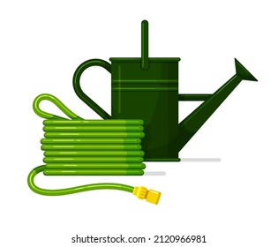 Garden watering can and hose with connector for pipes, faucets, rainwater tanks. Agricultural equipment. Vector colorful flat illustration isolated on white background