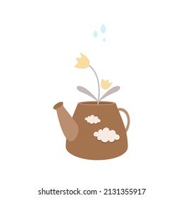 Garden watering can with polka dots clouds, simple flowers and hearts. Spring baby clipart, vector simple illustration. Pastel colors, brown, blue, yellow, grey, mother's day, farm, easter, spring day