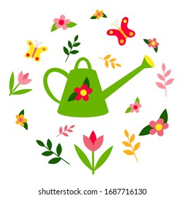  Una lata de riego en el jardín. Conjunto de primavera: mariposas, flores, plantas. Dejando el muelle de Adiós. Diseño plano. Elementos aislados sobre un fondo blanco. Ilustración vectorial. Jardinería.