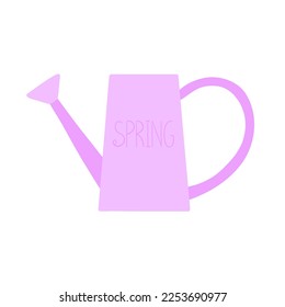 Garden watering can. Garden tools. The inscription Spring on the watering can. Vector illustration in a flat style.