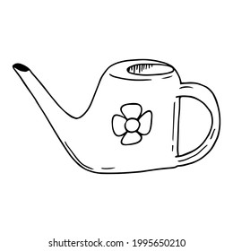 el riego por jardín puede ser una ilustración de vector dibujada a mano. Herramientas del jardín de Doodle, contorno