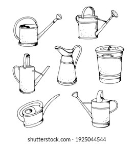Garden watering can vector illustration, hand drawn sketch set