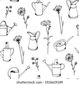 Garden watering can vector seamless pattern, hand drawn sketch background
