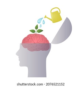 garden watering can water the plants in the brains. the concept of self-development, education, creativity. vector illustration isolated on white background
