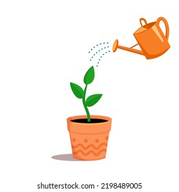 garden watering can and waters a flower sprout. Concept of plant growth. Vector illustration cartoon.  flat style isolated.  