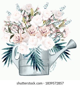 Garden watering can with white roses and palm leaves fashion vector illustration in vintage watercolor style