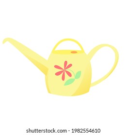 Garden watering can of yellow color on a white background.  Isolated element