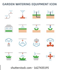 Garden watering equipment icon. Consist of sprinkler head, nozzle spray, pipeline. Part of automatic irrigation and water mist system for watering, fog or mist spraying to lawn and grass in garden.