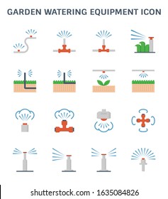 Garden watering equipment icon. Consist of sprinkler head, nozzle spray, pipeline. Part of automatic irrigation and water mist system for watering, fog or mist spraying to lawn and grass in garden.