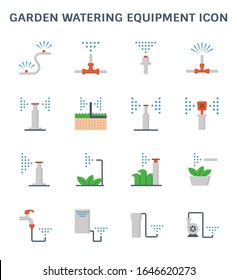 Garden watering equipment icon. Consist of sprinkler head, nozzle spray, pipeline, water pump. Part of automatic irrigation and water mist system for watering, fog or mist spraying to lawn and grass.