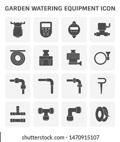 Garden watering equipment icon i.e. diaphragm pump, timer switch, solenoid, hose or tube, speedfit, push fit or push to pull fitting and plumbing tape. For spray liquid, humidity, fog, fertilizer.