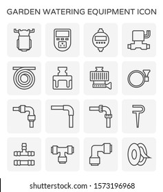 Garden watering equipment icon i.e. diaphragm pump, timer switch, solenoid, hose or tube, speedfit, push fit or push to pull fitting and plumbing tape. For spray liquid, humidity, fog, fertilizer.