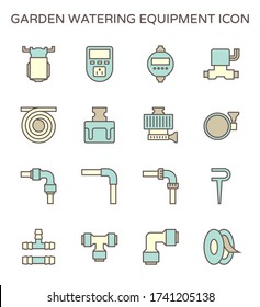 Garden watering equipment icon i.e. diaphragm pump, timer switch, solenoid, hose or tube, speedfit, push fit or push to pull fitting and plumbing tape. For spray liquid, humidity, fog, fertilizer.