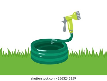 Garden watering hose on green grass. Vector cartoon flat illustration.