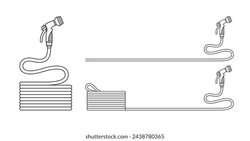 Garden watering hoses with spray nozzles. Coiled rubber hosepipe with connector for pipes, taps, rainwater tanks. Agricultural equipment. Vector outline illustrations isolated on white background