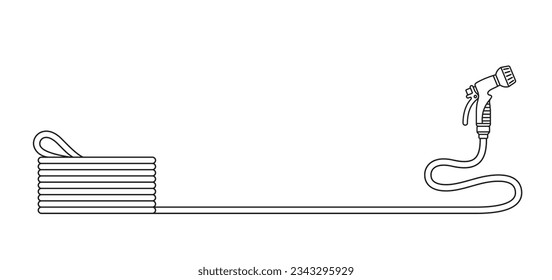 Garden watering straight long hose with spray nozzle, side view. Banner template with hosepipe and place for text. Agricultural equipment. Vector outline illustration isolated on white background