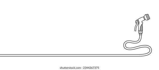 Garden watering straight long hose with spray nozzle, side view. Banner template with place for text. Agricultural equipment. Vector outline illustration isolated on white background
