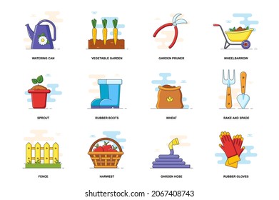 Garden web concept stroke flat line icons isolated set. Agriculture equipment bundle. Graphic linear symbols collection for website design. Vector conceptual pack outline pictograms for mobile app