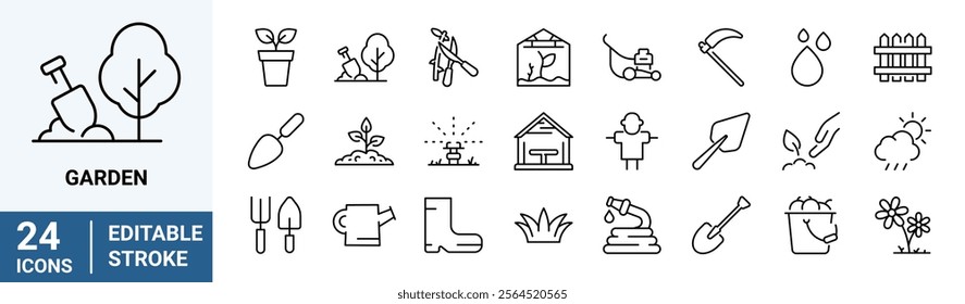 Garden web line icon set. Containing plant, flowers, trees, watering can, fence, cultivate and gardening icons. Vector illustration