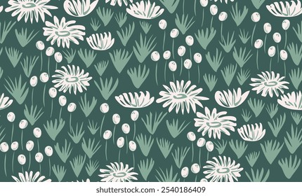 Um jardim de ervas daninhas em verde esbranquiçado, sábio com um fundo verde floresta. Bela retro estilo floral padrão. Um padrão vetorial contínuo. Ótimo para decoração, tecido, papel de parede, giftwrap, artigos de papelaria