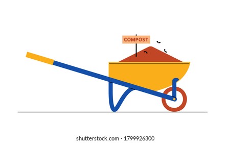 Garden weelbarrow full of compost. Flat vector illustration.