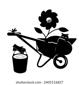 Garden wheelbarrow, bucket, shovel, flower, cat.