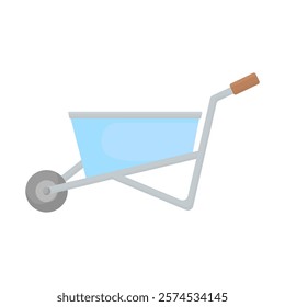 Garden wheelbarrow in cartoon style on a white isolated background. Blue minimalistic farm wheelbarrow. Tools for gardening, transporting garbage, seedlings, etc.
