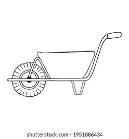 Garden wheelbarrow in doodle style. Gardening. Template for postcard, banner, poster, web design. Hand Drawn vector illustration.
