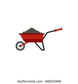 Garden wheelbarrow with earth icon in flat style isolated on white background. Gardening symbol