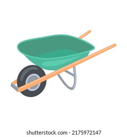 Garden wheelbarrow for earthworks. Garden tools illustrations in cartoon style. Bright gardening equipment, rake or shovel and lawnmower, farm or rural instrument