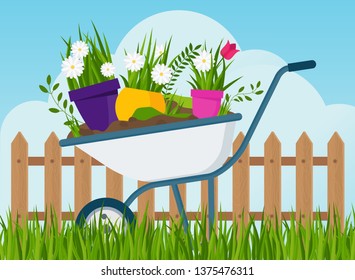 Garden wheelbarrow with flower pots near the fence. Scene, landscape in the village or in the country. Garden and garden tools. Flat vector illustration.