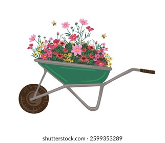 Garden wheelbarrow with flowers. Vector isolated illustration. Design element