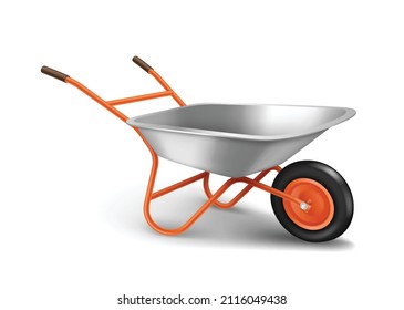 Garden wheelbarrow for gardening, farming and construction work isolated on white background. Realistic metal cart equipment icon. 3d vector illustration