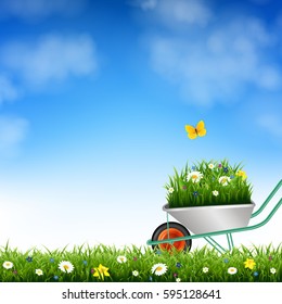 Garden Wheelbarrow And Grass With Gradient Mesh, Vector Illustration