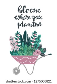 Garden wheelbarrow with hand drawn cartoon leaves and plants in whimsical and tropical style and hand lettering bloom where you planted phrase