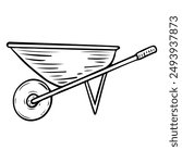 Garden wheelbarrow hand drawn in doodle style. A tool for transporting heavy loads during gardening or construction work. Vector line art illustration.