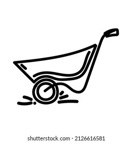A garden wheelbarrow, a hand-drawn doodle-style element. Wheelbarrow for transporting the earth. Simple vector in linear style for logo, icons and emblem - tool for garden handling, heavy transport. 